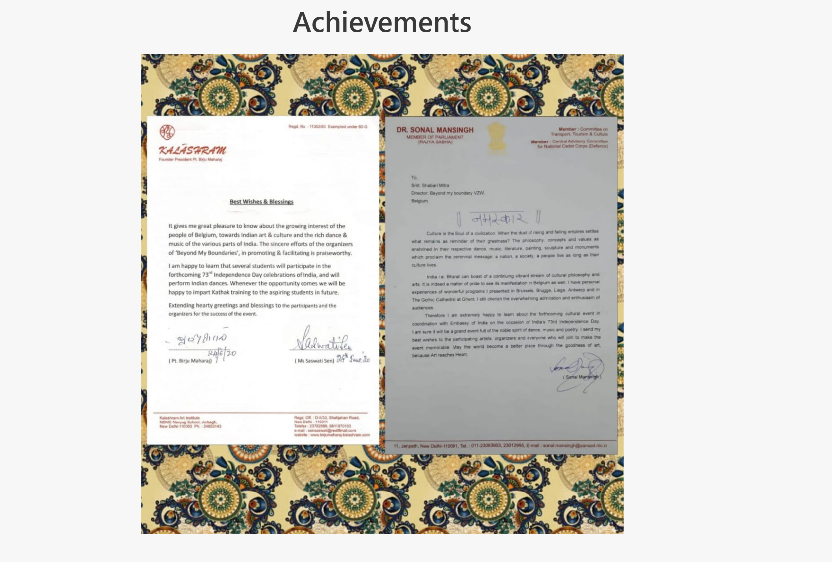 BmB Achievements — letters from Kalashram and Dr. Sonal Mansingh
